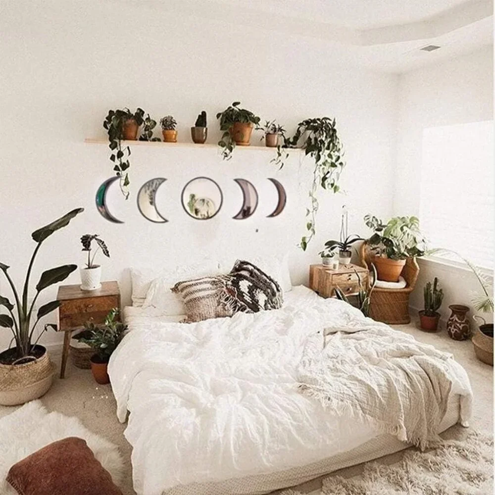🆕Natural Wall Decorative Mirror Interior Design Wooden Moon Phase Living Room